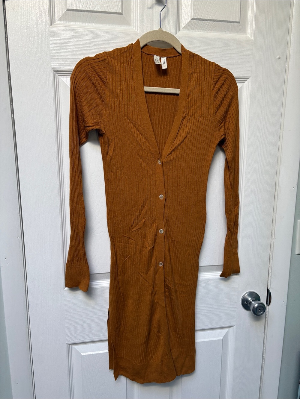 Anthropologie Ribbed Button-Front Long Sleeve Duster in Rust